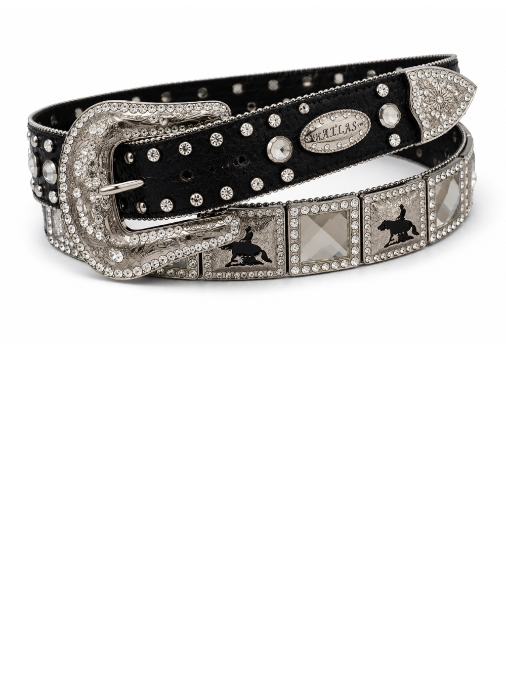 ATLAS Crystal Western Belt Black Leather Rhinestone Cowboy Belt Size Medium